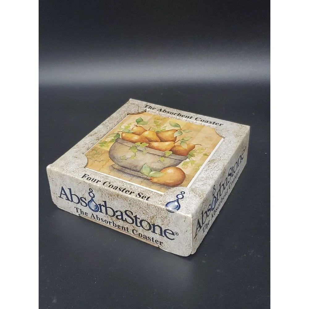 Set Of Four Stone Coasters Pears In Bowl In Box 4 X 4 Cork Backing
